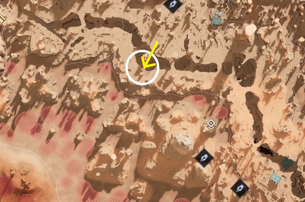 I have drawn a yellow arrow to show the direction that you will need to approach from on the map image too as the quest map icon won't be much help here.