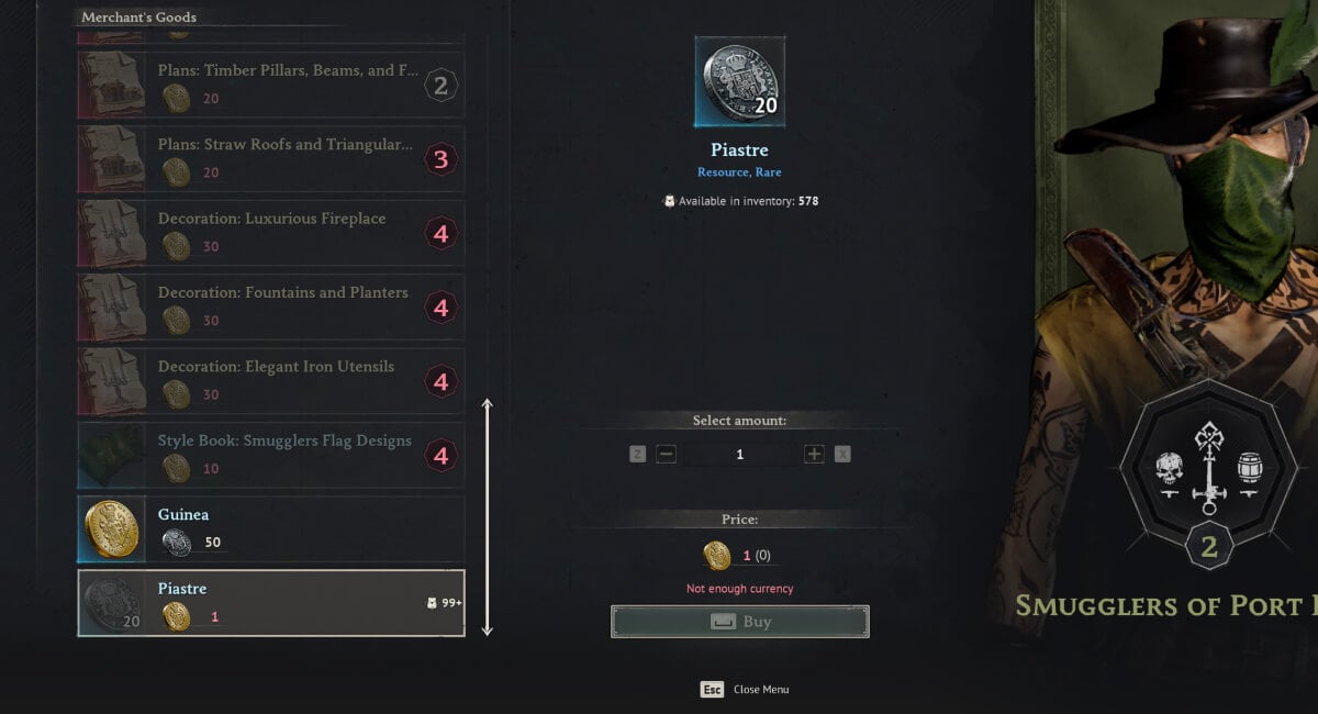 how to get piastre in windrose selling guineas to smuggler