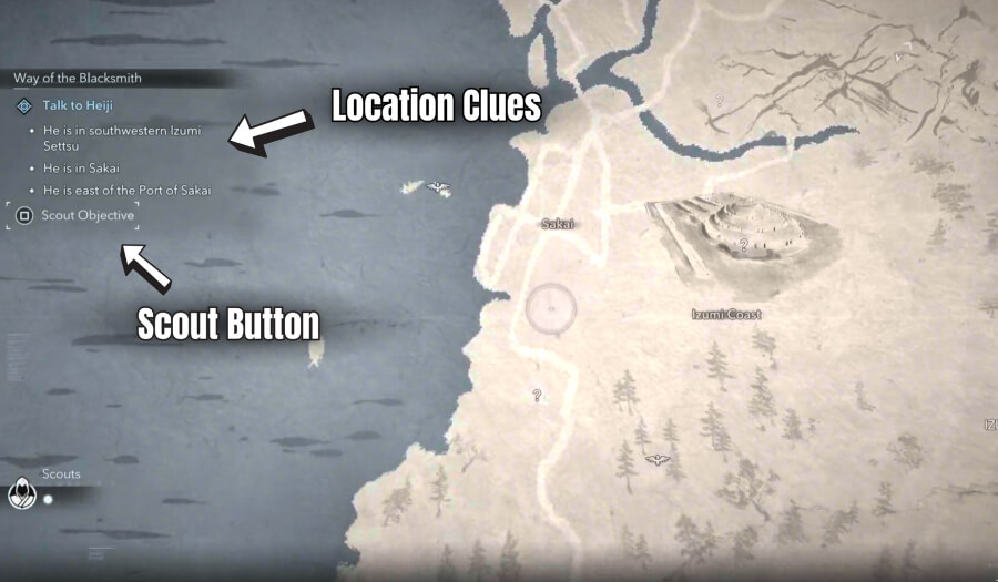 how to use scouts to locate an objective in ac shadows map image 1